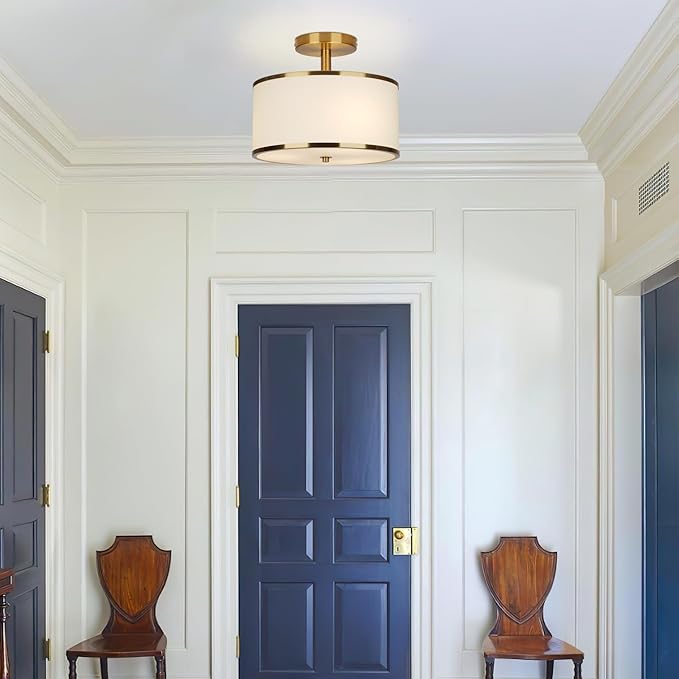 12.6" Semi Flush Mount Ceiling Light Fixtures,3-Light Drum Light,Antique Brass with White Fabric Shade,Light Fixtures Ceiling Mount for Bedroom,Dinning Room,Living Room,Nursery, Kitchen