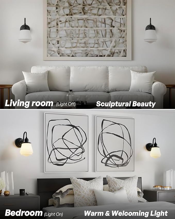 Black Wall Sconce Vintage Farmhouse Bathroom Vanity Light with Frosted Milk White Class Hardwire Sconce Indoor Wall Lamp Light Fixture for Bathroom Mirror Living Room Bedroom Kitchen