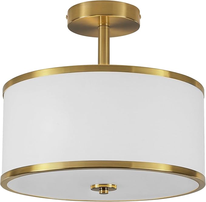 BUXVRCS Semi Flush Mount Ceiling Light Fixture, 3-Light Drum Lighting Fixtures, Hallway Light Fixture Ceiling Mount with Fabric Shade, Close to Ceiling Light for Bedroom Bathroom (Gold)