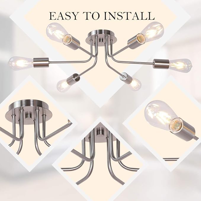 Modern Sputnik Chandelier 6 Light Semi Flush Mount Ceiling Lighting Cotemporary Industrial Brushed Nickel Ceiling Fixture for Bedroom, Hallway, Kitchen, Bar