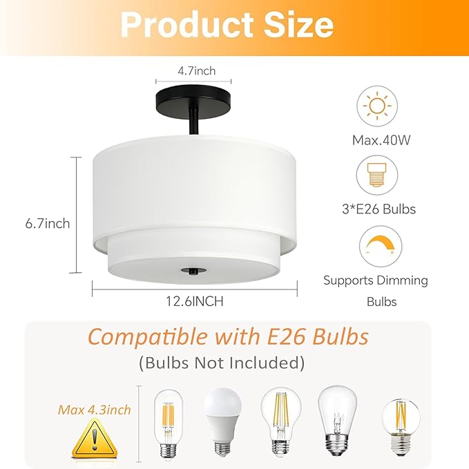 3-Light Semi Flush Mount Ceiling Light Fixture,12.6inch Modern Close to Ceiling Light with 2-Layer White Drum Fabric Shade,Entryway Light Fixture Ceiling Mount Lamps for Bedroom Dining Room