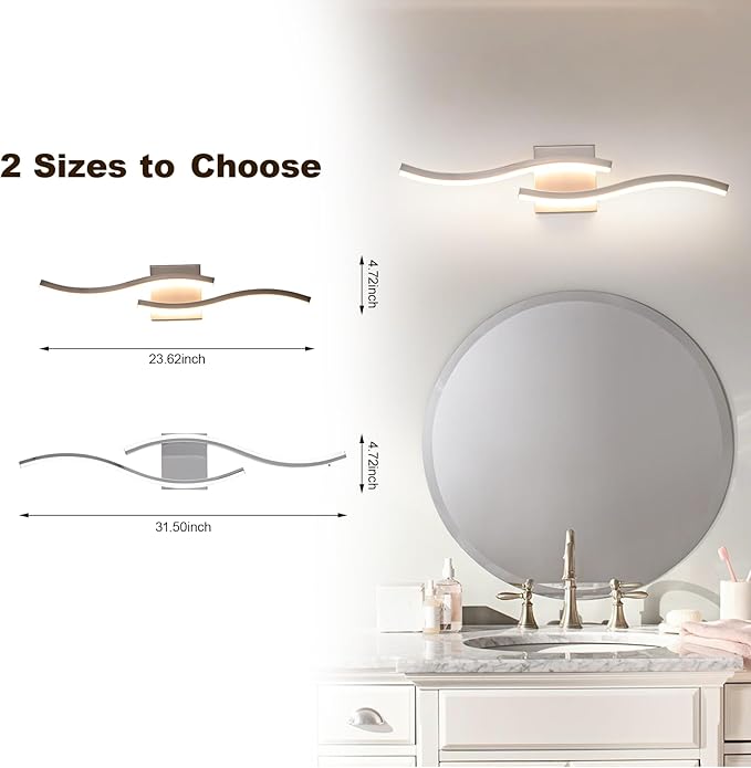 Brushed Nickel Curved Bathroom Vanity Light Fixture Over Mirror, 23.62 inch Modern LED Wall Lamp 5CCT Dimmable Bathroom Light Fixture Vanity Lighting Wall Sconces