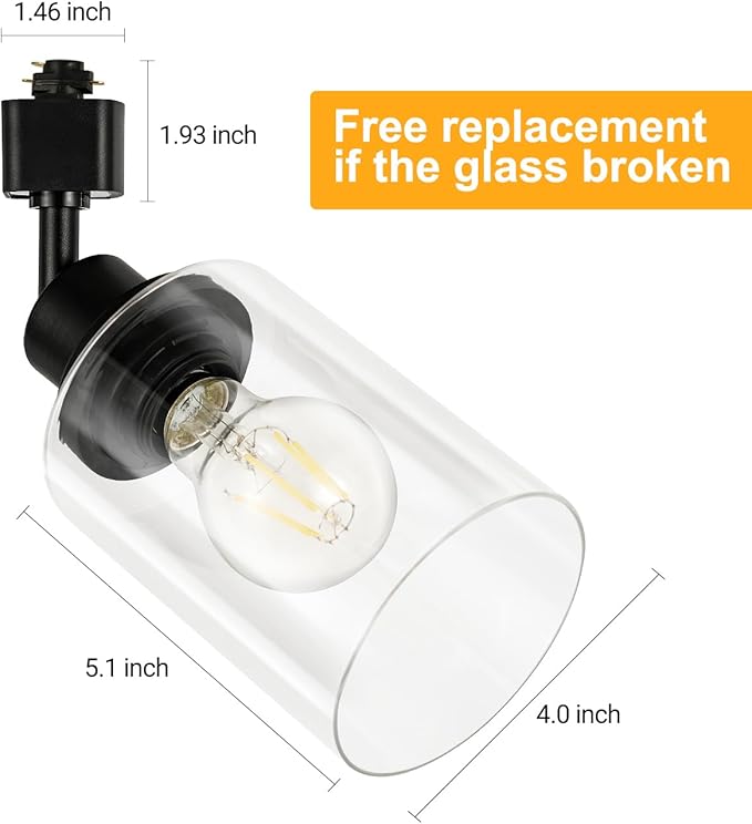 VANoopee H Type Track Lighting Heads E26 Track Light Ceiling Modern for Kitchen, Compatible with H Track Lighting Rail System, Black Track Lighting Fixtures with Glass Lamp Shade, 4 Pack, No Bulbs