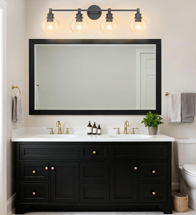Bathroom Light Fixtures, 4-Light Matte Black Vanity Light Globe Glass Shades, Bathroom Lighting Fixtures Over Mirror, Wall Sconces for Master Bathroom, Guest Bathroom, Powder Room, 28-inch