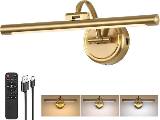Picture Light for Wall,Battery Operated Art Lights for Painting,3 Color Selections and Brightness, Adjustable Wireless Portrait Lights with Remote for Artwork,Bookcase,Photo Frames(Brass, 15.7inch)