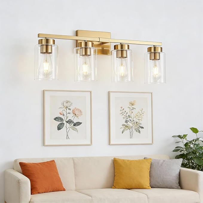4-Light Bathroom Light Fixtures, Gold Modern Vanity Lights Over Mirror, Bathroom Wall Sconces with Clear Glass Shade for Living Room Bedroom Hallway Cabinet Porch