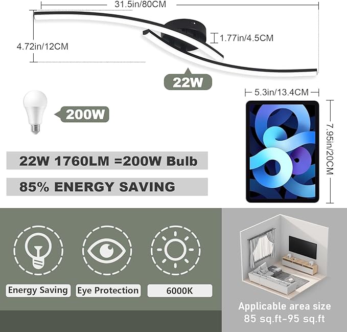 Modern LED Ceiling Light 22W Black Linear Ceiling Lights Fixture 6000K Aluminum 31.4Inch Long Flush Mount Ceiling Light Fixture Lamp for Bedroom Hallway Kitchen Bathroom