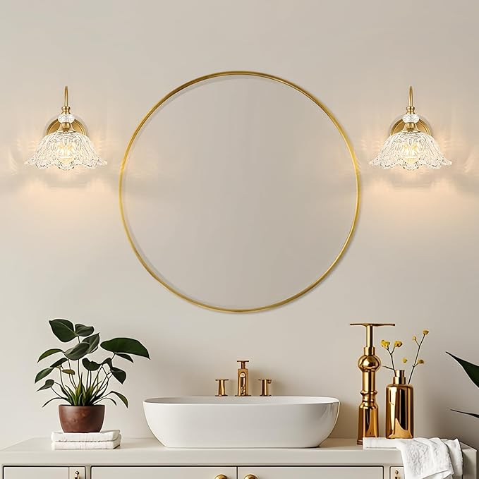 1 Piece Gold Wall Sconce with Floral Clear Glass Shade, Brushed Gold Finish Wall Mount Lighting for Bathroom,Vintage Bathroom Vanity Light Fixtures