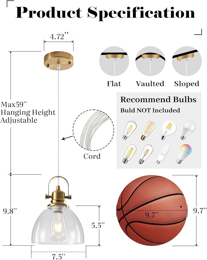 Glass Pendant Lights Kitchen Island, 7.5 inch Gold Glass Pendant Lights 1-Pack, Modern Pendant Light with Clear Glass Shade, Farmhouse Kitchen Pendant Light for Dining Rooms, Kitchen Island