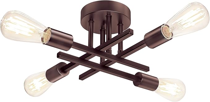 4-Light Semi Flush Mount Ceiling Light Fixture, Oil Rubbed Bronze Modern Industrial Sputnik Chandelier Light Fixture, Metal Flush Mount Ceiling Light for Kitchen Bedroom Living Room Closet, No Bulb