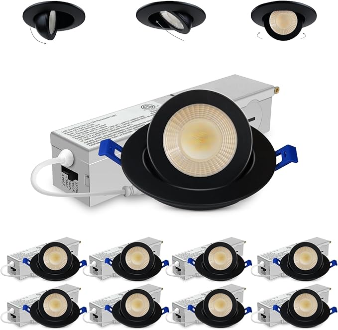 Adetu 2 Inch 5CCT Gimbal Black Led Recessed Lighting with Junction Box, 360°+90° Adjustable Recessed Lights, 2700K/3000K/3500K/4000K/5000K Selectable, 5W Eqv 50W, 550LM Brightness - ETL(Black, 8 Pack)