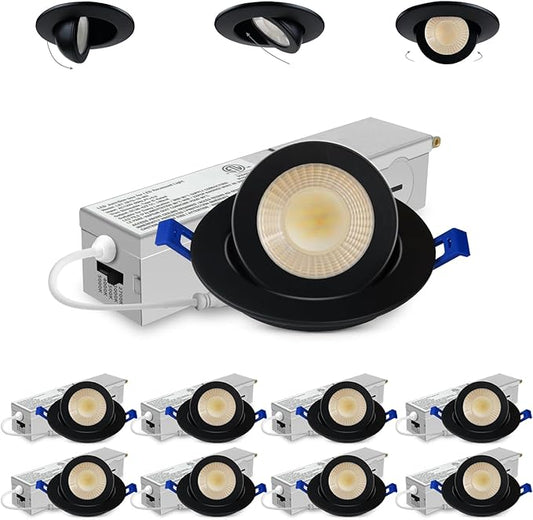 Adetu 2 Inch 5CCT Gimbal Black Led Recessed Lighting with Junction Box, 360°+90° Adjustable Recessed Lights, 2700K/3000K/3500K/4000K/5000K Selectable, 5W Eqv 50W, 550LM Brightness - ETL(Black, 8 Pack)