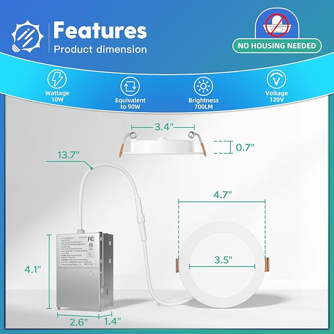 FREELICHT 6 Pack 4 Inch 5CCT Ultra-Thin LED Recessed Ceiling Light with Junction Box, 2700K/3000K/3500K/4000K/5000K Selectable, 700LM Brightness, Dimmable Canless Wafer Downlight, 10WEqv90W-ETL&FCC