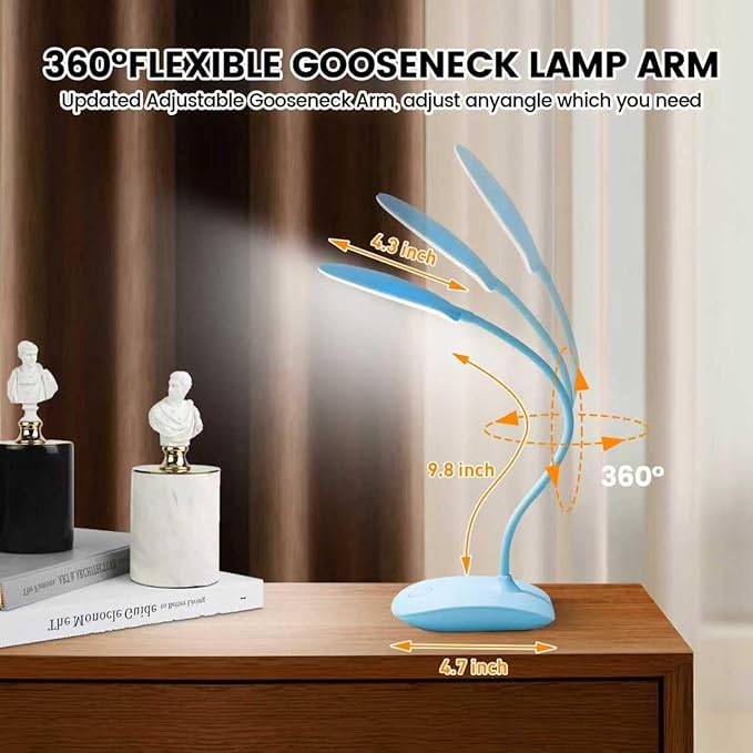 Battery Powered Desk Lamp, Portable Lamps Rechargeable 3 Color Modes Touch Control Stepless Dimming, Wireless Desk Lamp with 2000mAh, Small LED Table Light for Dorm Study Office Bedroom,Blue
