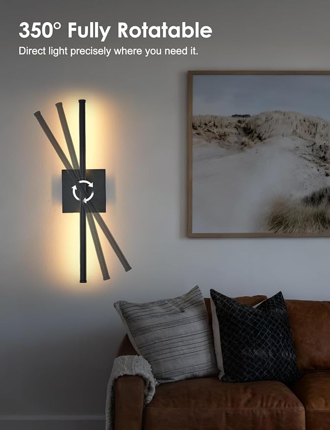 KARTOOSH 20.4 Inch Hardwired Wall Sconces Set of Two, 3000K Warm White Dimmable Modern Wall Sconces, 350° Rotate LED Light Fixtures Wall Lamp for Bathroom Living Room Bedroom Bedside, Black
