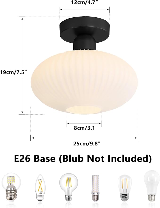KCO Lighting Mid Century Modern Semi Flush Mount Ceiling Light Fixture Black Milk Glass Ceiling Light Large Vintage Flush Mount Ceiling Lights Hallway Kitchen Entryway