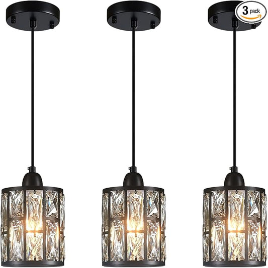 3 Pack Crystal Hanging Kitchen Island Pendant Light Black Finish Concise Fixture Crystal Plate Metal Shade for Bar Dining Room Living Room Over Sink Ceiling