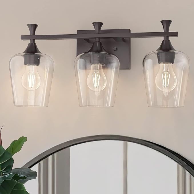 3 Light Bathroom Vanity Light - Black Bathroom Lighting Fixtures Over Mirror, Modern Wall Sconces with Transparent Glass Lampshade for Bedroom Living Room Kitchen Cabinet Stair Hallway