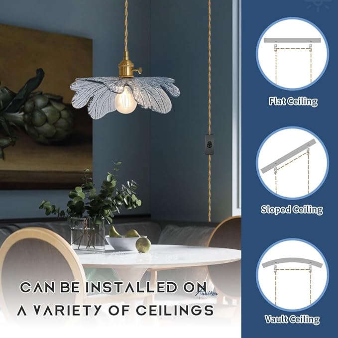 Plug in Pendant Light 2 Pack, Hanging Light with Plug in Cord On/Off Switch Modern Pendant Light fixtures with Blue Glass Shade Plug in Hanging lamp for Kitchen Dining Room Bedroom