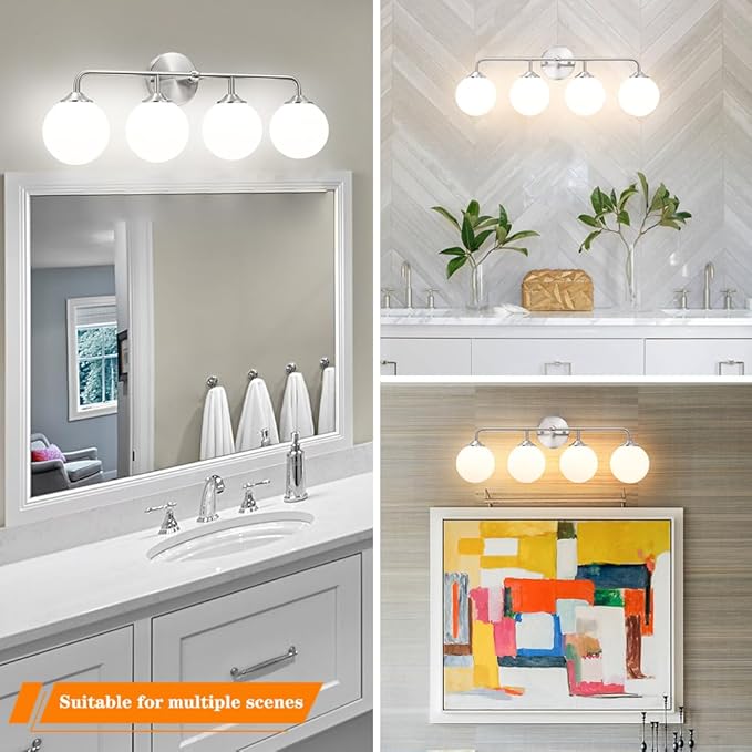 Modern 4-Lights Brushed Nickel Vanity Lights Over Mirror, Bathroom Lighting Fixtures with Milk White Globe Glass Shade, Industrial Bathroom Wall Sconce for Dressing Table Bedroom Living Room