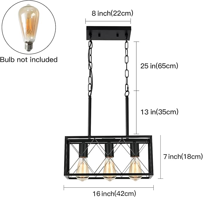 KEESFU Black Farmhouse Kitchen Island Lighting, 3 Lights Pendant Lighting Fixtures, Adjustable Height, Industrial Dining Room Light for Living Room Foyer Dining Table Over Sink.