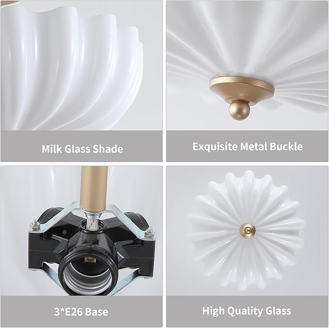 Gold Modern Ceiling Light,15.7" Semi Flush Mount Ceiling Light Fixture with Milky Flower Shade,3-Light Kitchen Lights Ceiling Entryway Light Fixture for Bedroom Hallway Porch