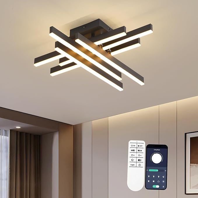 Modern LED Ceiling Light with Remote, Dimmable 21-inch Ceiling Lights for Bedroom Living Dining Room Kitchen, Black Flush Mount Ceiling Light Fixture LED Chandelier Ceiling Lamp (6-Light)