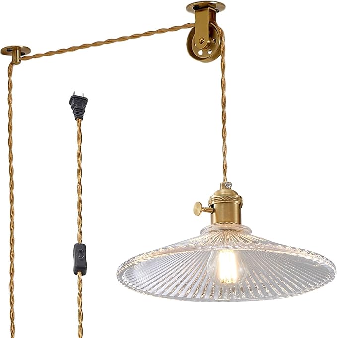 Hanging Lights with Plug in Cord, 9.1 Inch Embossed Design Lampshade Hanging Lamp Adjustable 14Ft Cord On/Off Switch Plug in Pendant Light Kitchen Island Pendant Lights