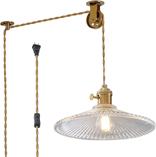 Hanging Lights with Plug in Cord, 9.1 Inch Embossed Design Lampshade Hanging Lamp Adjustable 14Ft Cord On/Off Switch Plug in Pendant Light Kitchen Island Pendant Lights
