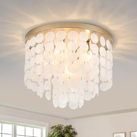 Gold Modern Capiz Shell Ceiling Light Fixture, 17.7" Coastal Flush Mount Lighting for Bedroom, Living Room, Kitchen, Hallway, Nursery, Entryway, Closet, Dining Room | Dimmable Bathroom Chandelier