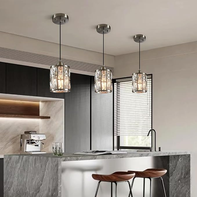 3 Pack Kitchen Ceiling Light Fixtures Crystal Hanging Pendant Lighting with Brushed Nickel Plating Finish Metal Shade for Kitchen Island Dining Room Bar Over Sink