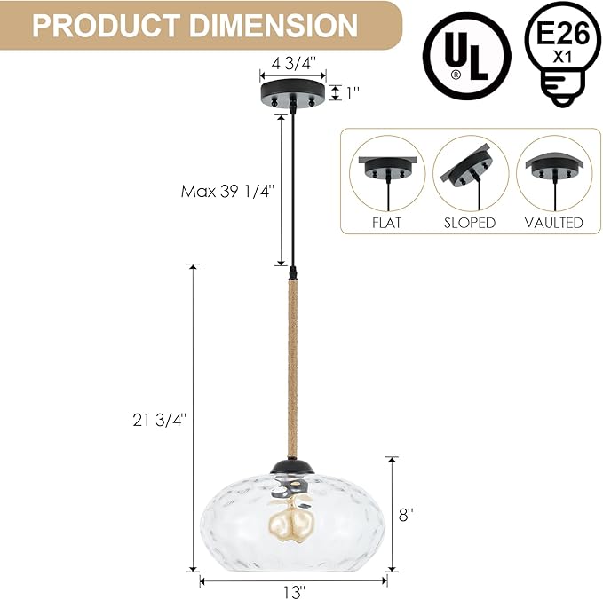 13” Large Hammered Glass Pendant Light Rattan Modern Industrail Chandelier for Kitchen Island Dining Room Hallway, UL Listed
