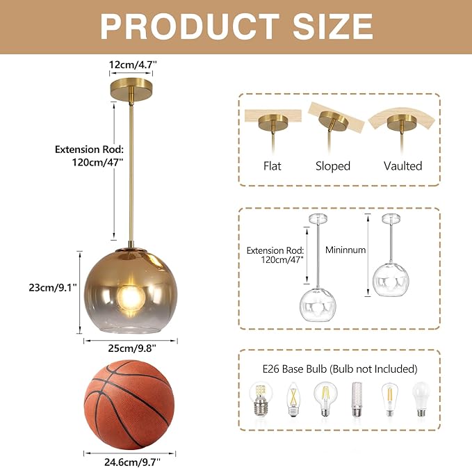 KCO Lighting 1 Light Pendant Lighting Gradient Gold Glass Pendant Light Large Globe Pendant Lights Kitchen Island Mid Century Modern Hanging Light Fixture