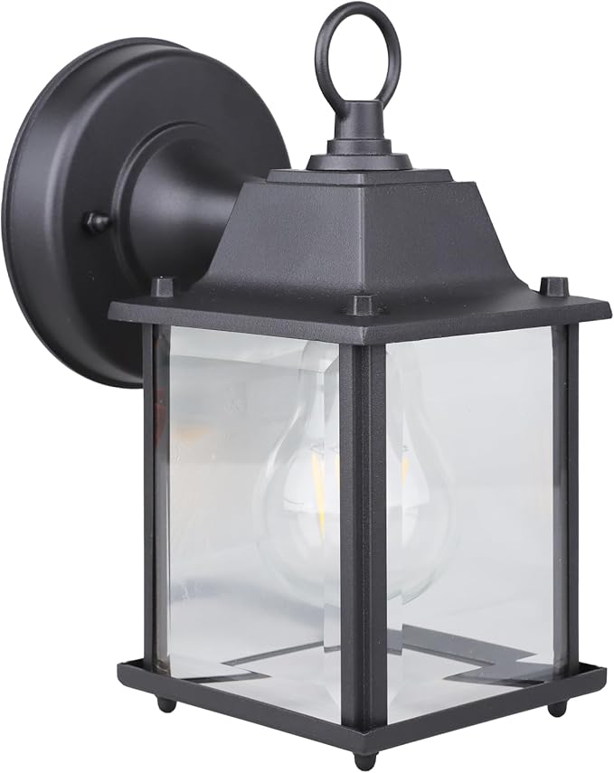 Classic Black Aluminum Wall Lamp – Wet Location Outdoor Fixture, Die-Cast Aluminum & Tempered Glass, E26 Base (60W Max) for Porch, Garage, Garden (Single Pack