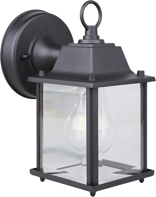 Classic Black Aluminum Wall Lamp – Wet Location Outdoor Fixture, Die-Cast Aluminum & Tempered Glass, E26 Base (60W Max) for Porch, Garage, Garden (Single Pack