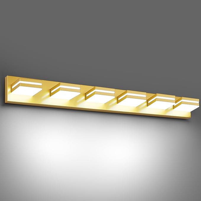 Modern LED Bathroom Lights Fixtures 6-Light,Metal Gold Acrylic Wall Lighting,Vanity Lights for Bathroom Over Mirror 6000k 41in