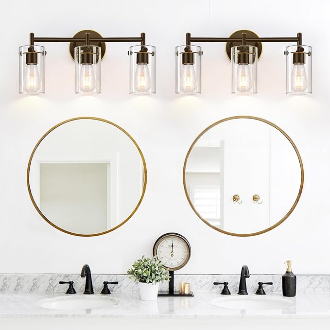 Indoi 3-Light Bathroom Light Fixtures 2023 Upgrade, Oil-Rubbed Bronze Modern Vanity Lights with Clear Glass Shade, Bathroom Wall Sconces for Mirror Bedroom Living Room Cabinet