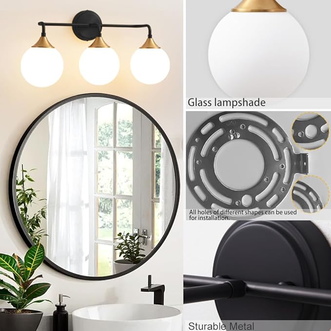 Bathroom Light Fixtures, Black Gold Bathroom Vanity Lights Over Mirror, Modern Farmhouse Wall Sconce Lighting 3-Light with Milk White Glass Ball Shades