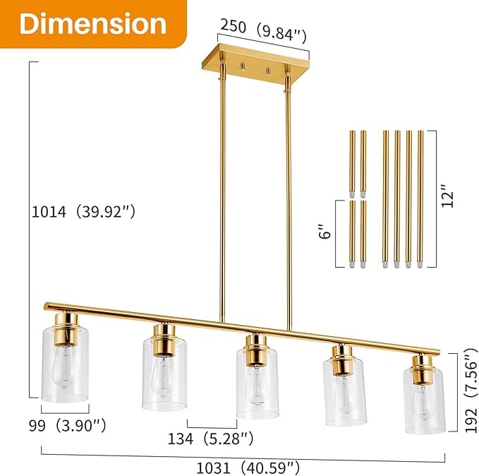 mavcadonf Kitchen Island Light, 5-Light Pendant Lighting, Farmhouse Industrial Dining Room Light Fixtures for Kitchen Island Dining Living Room, Brushed Gold with Clear Glass Shade