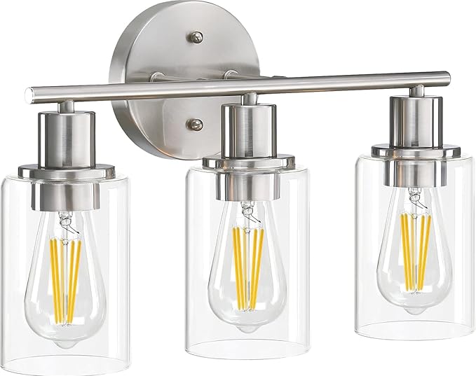 Pia Ricco 3-Light Bathroom Vanity Light Fixtures, Brushed Nickel Vanity Lights with Clear Glass Shades,Modern Wall Lights Over Mirror, Bath Wall Sconces for Mirror Living Room Bedroom Hallway