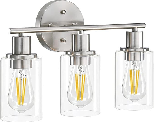 Pia Ricco 3-Light Bathroom Vanity Light Fixtures, Brushed Nickel Vanity Lights with Clear Glass Shades,Modern Wall Lights Over Mirror, Bath Wall Sconces for Mirror Living Room Bedroom Hallway