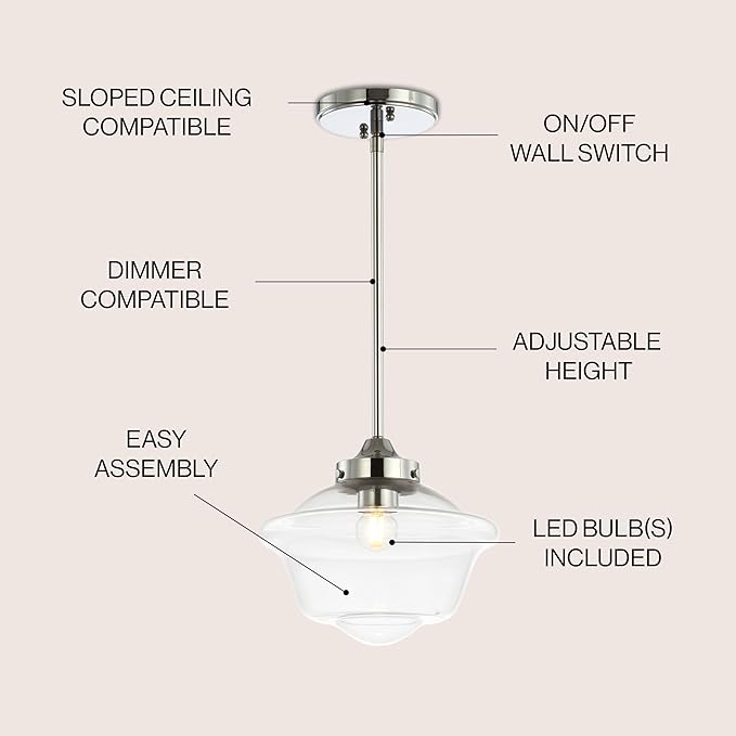 JONATHAN Y 9.5" Chrome Modern Schoolhouse LED Pendant Light Fixture, Adjustable Drop Metal Hanging Lamp with White Glass Shade for Kitchen Island, Dining Room, Foyer (JYL3517B)