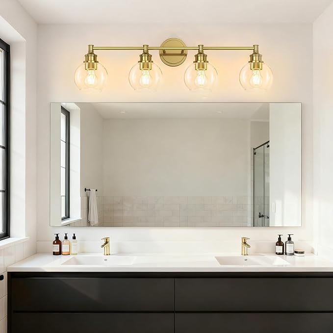 Bathroom Light Fixtures, 4-Light Brushed Gold Vanity Light Globe Glass Shades, Bathroom Lighting Fixtures Over Mirror, Wall Sconces for Master Bathroom, Guest Bathroom, Powder Room, 28-inch