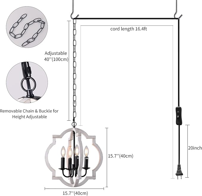 Plug in Chandelier with 16.4ft Cord,On/Off Switch,Orb Wood Farmhouse Light fixtures,Outdoor Chandelier for Gazebo, Kitchen Island Dinning Foyer Entryway,4-Light White Color