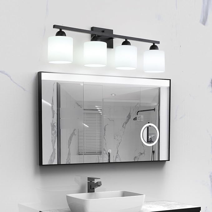 Mecgirn Milk Glass Vanity Lights for Bathroom, 4 Light Matte Black Bathroom Light Fixtures Over Mirror, Ceramic E26 Sockets Wall Mounted