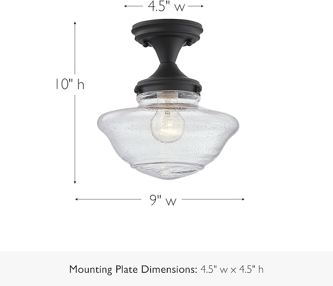 Design House Vintage-Inspired Schoolhouse Semi-Flush Mount Ceiling Light, 9 in x 9 in x 10 in, Matte Black, Clear Seeded Glass Shade, 587444