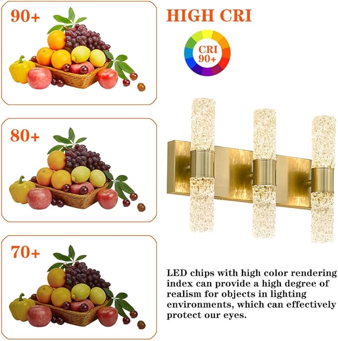 Gold Bathroom Light Fixture, Modern Brushed Vanity Light with, Crystal 6 Light Bathroom Vanity Light Fixtures Over Mirror, 27w LED Hardwired Wall Sconce, Warm White