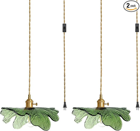 2 Pack Plug in Pendant Light, 14.75ft Cord Hanging Light with Hand Blown Green Glass Shade, Brass Pendant Lamp Plug in Hanging Lighting for Kitchen Island Bedroom Living Room Dining Room