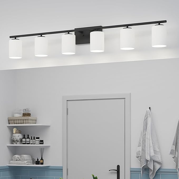 Progress Lighting Replay Collection 48 in. 6-Light Textured Black Etched White Glass Modern Bath Vanity Light