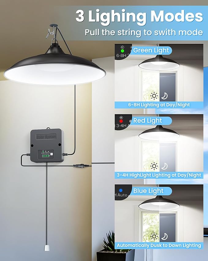 Solar Shed Light Indoor Outdoor, 2000LM Hanging Pendant Light, Battery Display,Pull String Switch,Split Panel Fast Charge,Waterproof for Barn, Gazebo, Chicken Coops, Shop